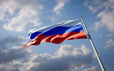 National state flag of Russia fluttering at sky background.