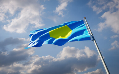 National state flag of Palau fluttering at sky background.