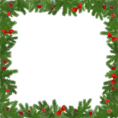 Naklejka na ściany i meble Christmas square frame with fir branches and cones. Set of green Christmas tree branches. Vector illustration