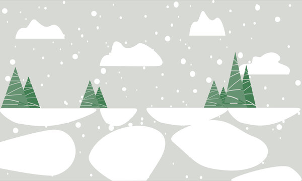 The background picture with the winter nature and Christmas mood. The snow is falling, there are also some ice pieces and a few of Christmas trees