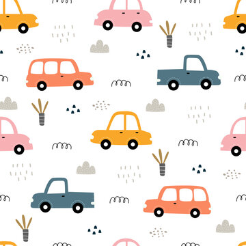 Seamless pattern Vintage car background with flowers and grass Hand drawn design in cartoon style, use for print, wallpaper, decoration, textile. Vector illustration