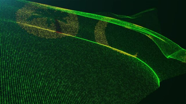 3d render. Cocos Islands digital flag with binary code texture flies in the wind. Seamless loop.