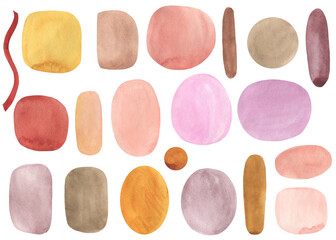 Set of geometric abstract design elements on isolated background, watercolor illustration, hand drawing