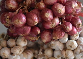 Onions and garlic, raw onion garlic background