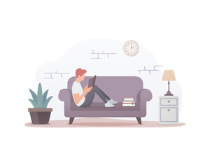 Reading books. Colored Flat vector illustration. A person reads a book while lying on the sofa. Isolated on white background. 