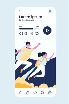 Happy Man And Woman Flying With Jet Pack. Metaphor Of People Using Boosters For Fast Growth. Vector Illustration For Rocket Pack, Business, Startup Topics