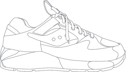 Sneakers shoes. Hand drawn black and white vector shoes. Black outline vector shoes on white background.