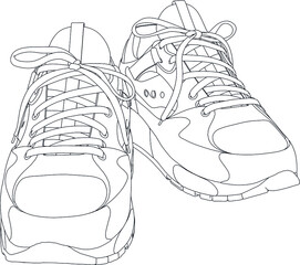 Sneakers shoes. Hand drawn black and white vector shoes. Black outline vector shoes on white background.