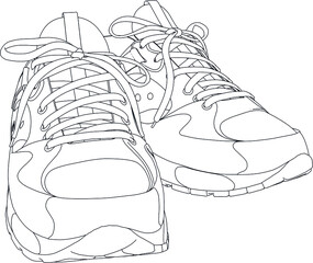 Sneakers shoes. Hand drawn black and white vector shoes. Black outline vector shoes on white background.