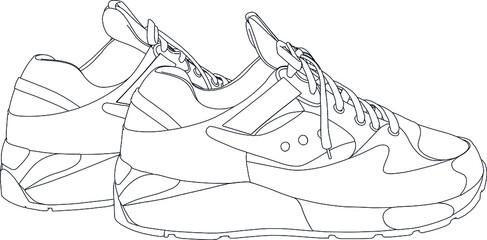 Sneakers shoes. Hand drawn black and white vector shoes. Black outline vector shoes on white background.