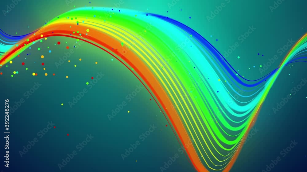 Poster rainbow color glow lines fly in air, smoothly oscillation and wave. 3d abstract looped creative back
