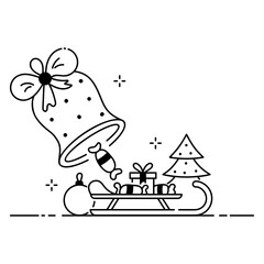 Merry Christmas funny illustration, Christmas scene in cartoon style, bell and candy rain flat icon.