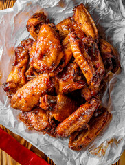 fried chicken wings with sweet chili sauce on white paper