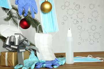 Christmas tree decoration in 2021 during the COVID-19 pandemic, masks, gloves, disinfectants