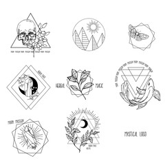 Hand drawn vector illustration of mystic logo. Magical outline clipart for print, card, textil design. Alchemy, magic, esoteric, occult, spiritual set.