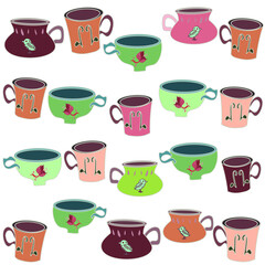 Seamless vector repeating teacup pattern in various rustic shades isolated on white in a random arrangement. Cups in terracotta, orange, pink and duck egg, a random and quirky surface design.