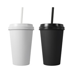 Black and white paper coffee cups with lids and drinking straw. Closed paper cup. Realistic vector mockup.