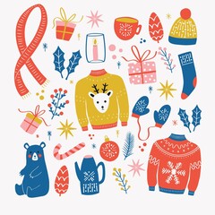 Collection of new year and christmas elements. Traditional winter holiday decoration, clothes, gifts and animals, isolated. Colorful vector illustration