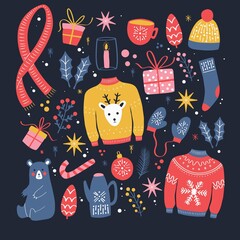 Collection of new year and christmas elements. Traditional winter holiday decoration, clothes, gifts and animals, isolated. Colorful vector illustration