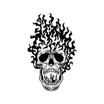 Burning skull vector illustration. Head of skeleton in flame. Fire emergency concept for warning symbols or danger signs templates