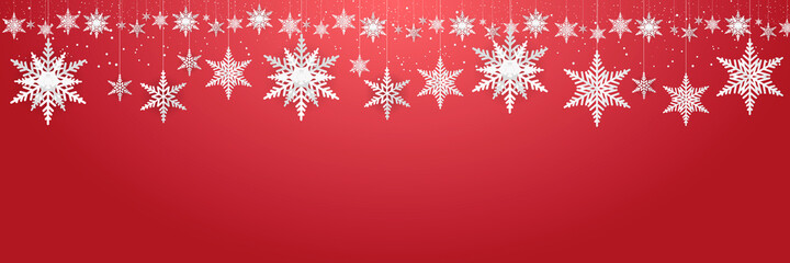 Red christmas background with snowflakes in paper cut style. Vector illustration