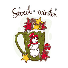 Winter drink with cookies. Hand lettering. Vector illustration. Isolated background.