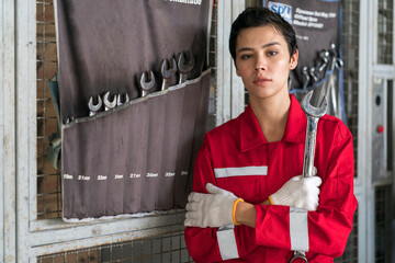 Portrait Shot of a Female Mechanic Working in auto Car/tires Service centre