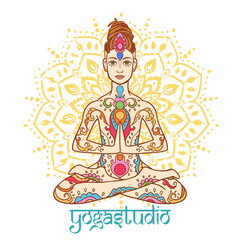 Yoga man with dreadlock. Ornament beautiful doodle art. Concept of meditation. Geometric element hand drawn. Vector illustration for design for logo, banner