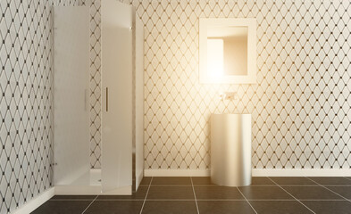 Bathroom interior bathtub. 3D rendering.. Sunset