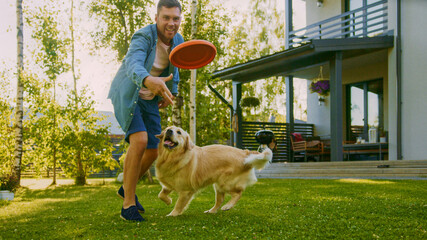 Handsome Man Plays Catch flying disc with Happy Golden Retriever Dog on the Backyard Lawn. Man Has...