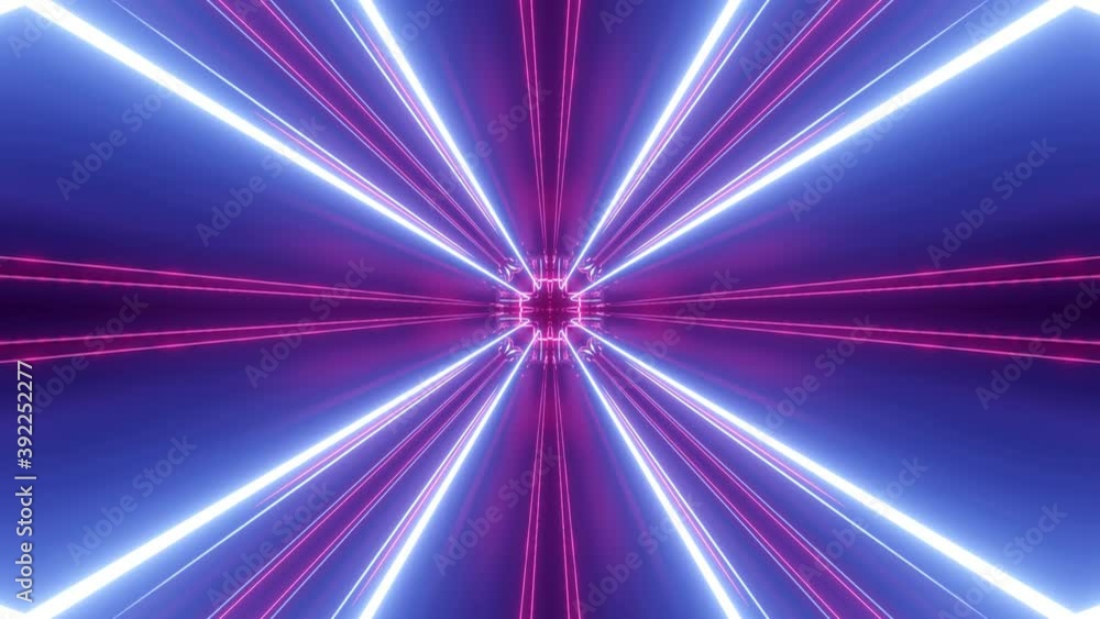 Poster sci-fi tunnel transformer with blue purple neon lights. 4k looped abstract high-tech tunnel. camera 