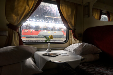 classic interior of sleeping car of train. interior of compartment car. Passenger train car....