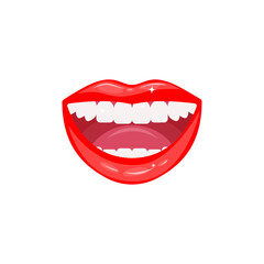Open smiling female mouth with healthy white teeth. Close-up of red glowing sensual lips. Dental health care. Lip makeup. Vector illustration isolated on a white background