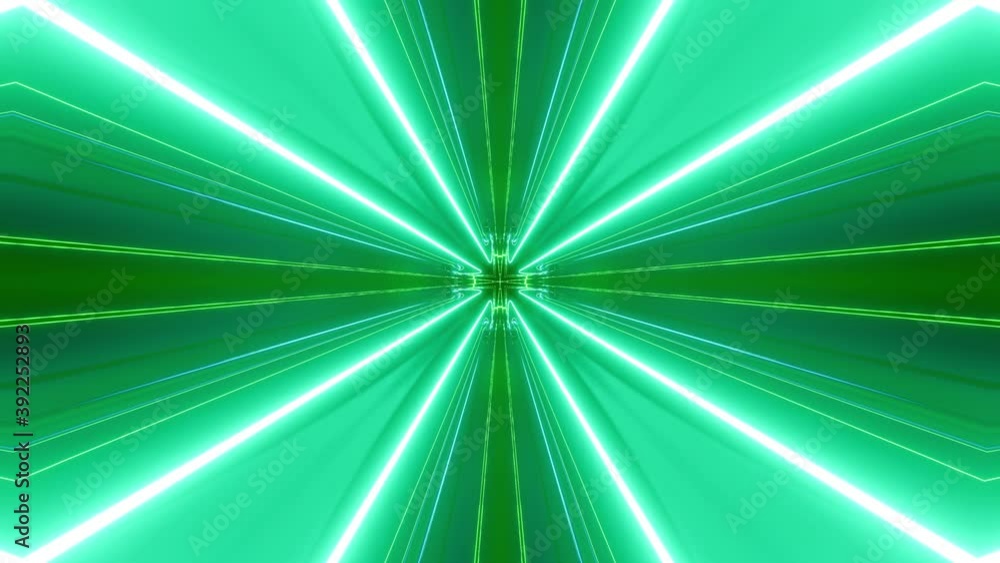 Poster sci-fi tunnel transformer with blue green neon lights. 4k looped abstract high-tech tunnel. camera f