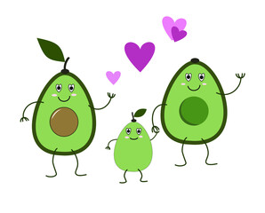 A married couple with an avocado baby. Cartoon Greeting card for Valentine's Day.Happy family on a family day card