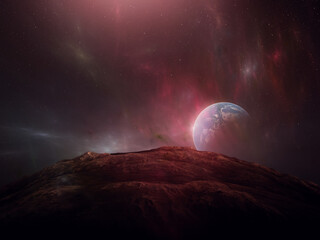 surreal space illustration, planet earth and asteroid
