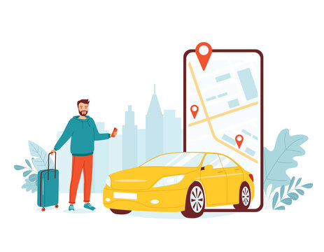Young happy man stands with a suitcase and a mobile phone. Concept for a car sharing application, fast online taxi search, car rental for travel and city trips. Isolated vector illustration.
