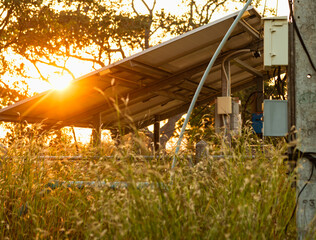 agricultural equipment for field irrigation, water jet, behind which is solar panel's,