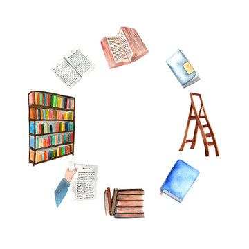 Watercolor compositions with bookshelf, a stack of books, open books in hands, open and closed book, stepladder isolated on white background. Wreath, frame, border. Postcard, poster, banner with space