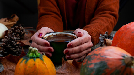 Hot chocolate in rustic Mug held in womans hands against autumn background of pumpkin, fall colorful leaves, fall composition, Thanksgiving, concept