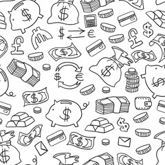 Seamless pattern with money hand drawn doodles. Vector illustration.