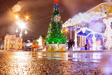 Russia, Cheboksary. Chuvash Drama Theater with a city New Year tree.