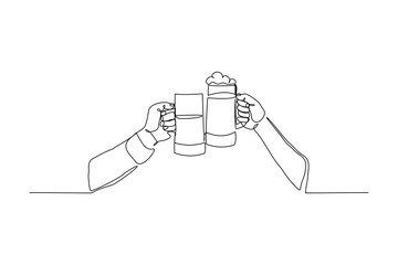 continuous line drawing of hand cheering and  holding glass wine liquor. Vector illustration