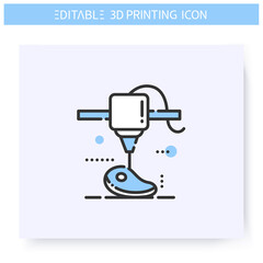 3d printing line icon. Plant based innovative steak under printing head. 3d printing in the meat business. Additive Manufacturing, prototyping industry. Isolated vector illustration. Editable stroke 