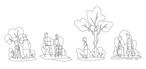 Social workers taking care about seniors peoples. Volunteer young people help elderly mans and womans in different situations. Vector flat cartoon illustration in sketch line drawing