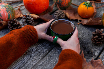 Hot chocolate in rustic Mug held in womans hands against autumn background of pumpkin, fall colorful leaves, fall composition, Thanksgiving, concept