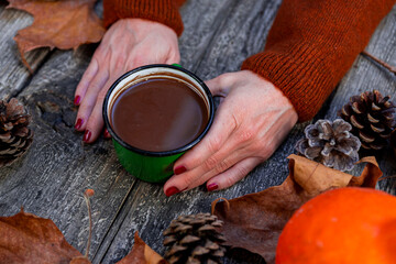 Hot chocolate in rustic Mug held in womans hands against autumn background of pumpkin, fall colorful leaves, fall composition, Thanksgiving, concept