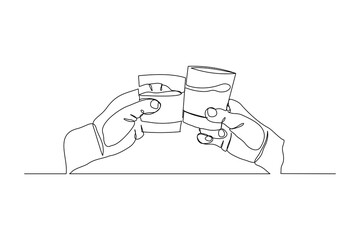 continuous line drawing of hand cheering and  holding glass wine liquor. Vector illustration