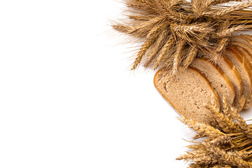 Traditional bread. Fresh loaf of rustic traditional bread with wheat grain ear or spike plant...