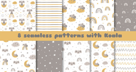 Grey baby pattern set. Grey and white baby background. Cute koala print. Clouds, rainbow. Baby textile. © Tani Kuzminka